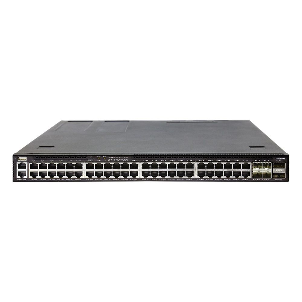 4630-54PE-O-AC-F Edge-corE AS4630-54PE, 48-Port GE RJ45 port PoE++, 4x25G SFP+, 2 port 100G QSFP28 for stacking, Broadcom Trident 3, Dual-core Intel Denverton CPU, dual AC 1200W PSUs and 2 + 1 Fan Modules with port-to-power airflow, 2 front rack mounti