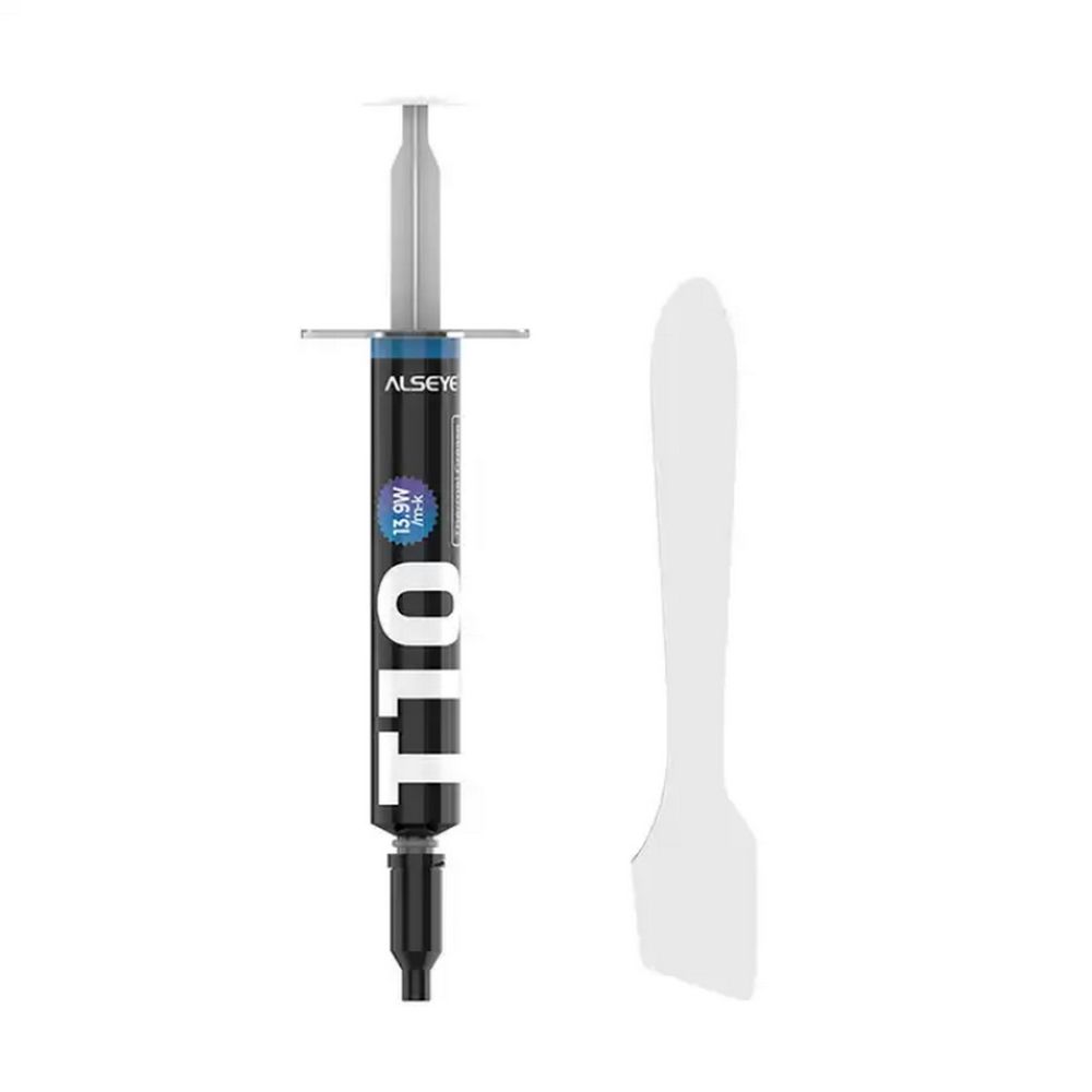 Термопаста ALSEYE T10 Thermal conductivity: 13.9W/m-k Color: Gray Conductivity: non-conductive specific gravity: 2.7g / cm3@25_ Capacity: 1.2ml Weight: 2G