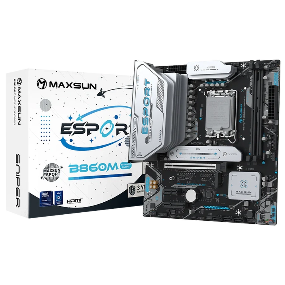 Материнская плата Maxsun MS-eSport B860M SNIPER WIFI B860, LGA1851, 2*DDR5, 1*PCIEx16, 1*PCIEx4, 1*PCIEx1, 2*M.2, 4*USB3.2Gen2, 2*USB3.2Gen1, 6*USB2.0, 3*SATA3.0, 2.5G, Type-C(DP), DP, HDMI, M-ATX, RTL