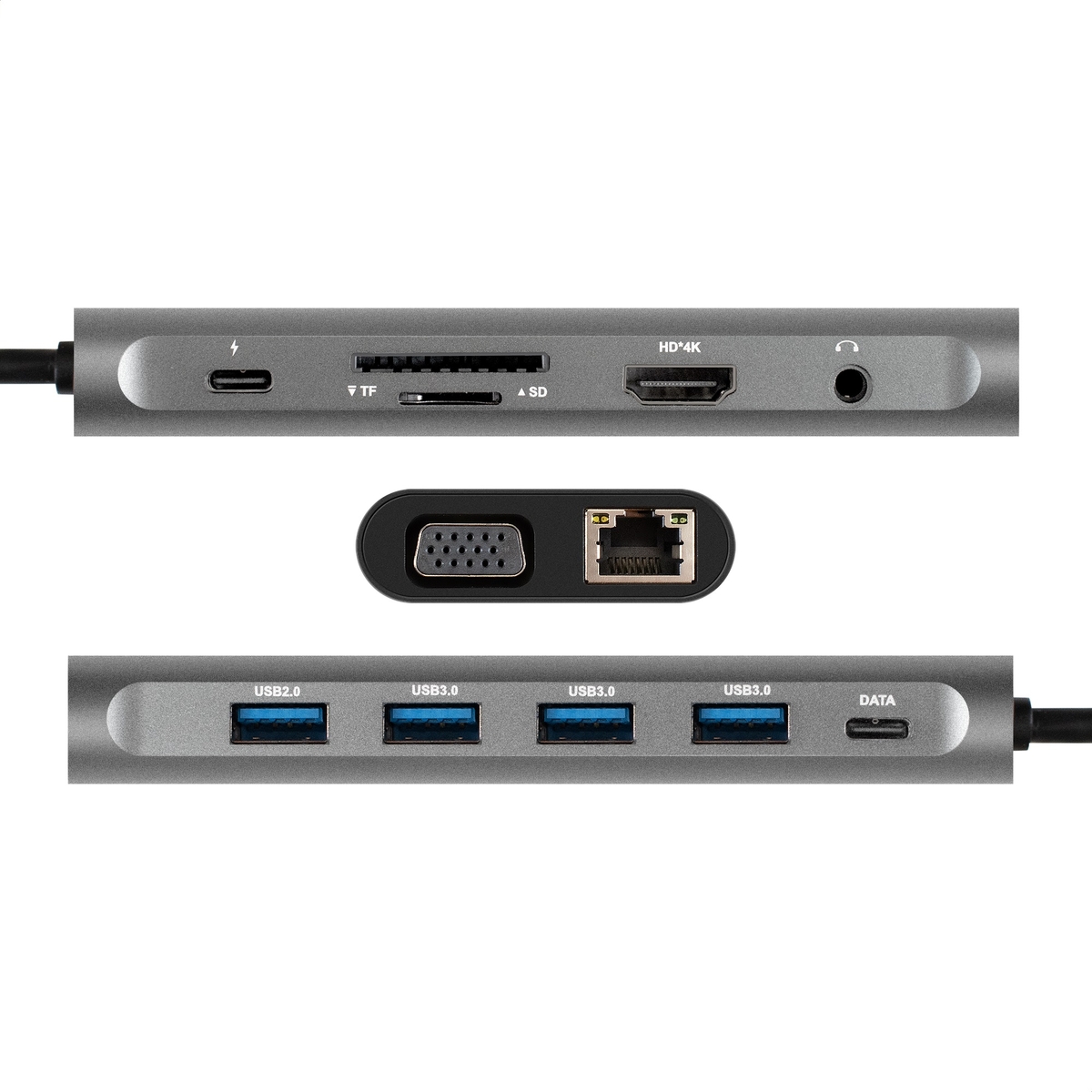 Exegate EX293985RUS Док-станция ExeGate DUB-31C/MAX (кабель-адаптер USB Type-C --> 3xUSB3.0 + Card Reader + PD 100W + HDMI 4K@30Hz + VGA + Audio + Lan RJ45 10/100/1000Mb, Plug&Play, серый)