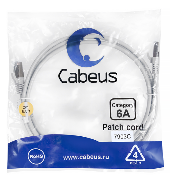 Cabeus PC-SSTP-RJ45-Cat.6a-2m-LSZH Патч-корд S/FTP, категория 6а (10G), 2xRJ45/8p8c, экранированный, серый, LSZH, 2м (PC-SSTP-RJ45-Cat.6a-2m-LSZH)