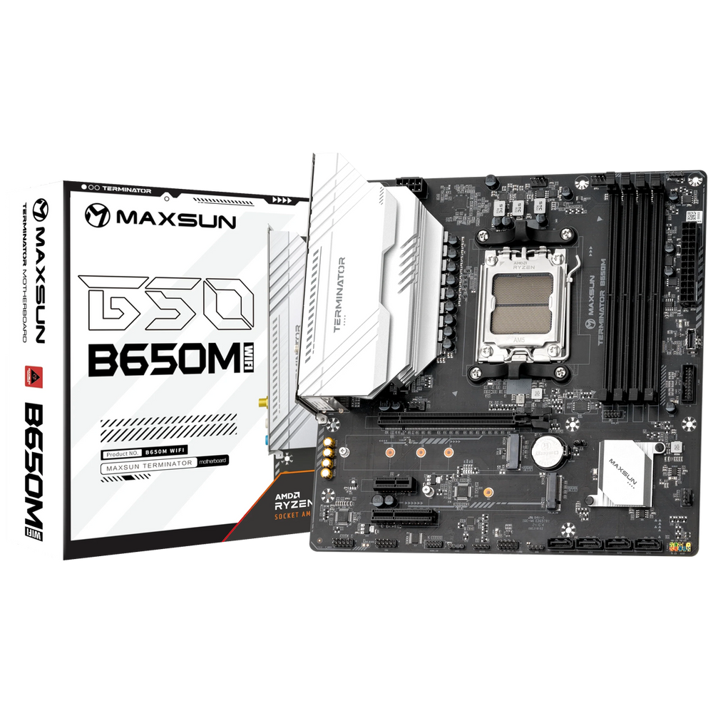 Материнская плата Maxsun MS-Terminator B650M WIFI6 B650, AM5, 4*DDR5, 1*PCIEx16, 1*PCIEx4, 1*PCIEx1, 2*M.2, 2*TypeC, 6*USB3.2Gen1, 6*USB2.0, 4*SATA3.0, 2.5G, DP, HDMI, M-ATX, RTL