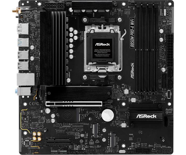 Материнская плата ASROCK B850M PRO-A WIFI, AM5, B850, 4*DDR5, 4*SATA, 4*M.2, 4*USB 2.0, 3*USB 3.2, 2*Type-C, 2*PCIx16, 1*M.2 (Key E), HDMI+DP, mATX
