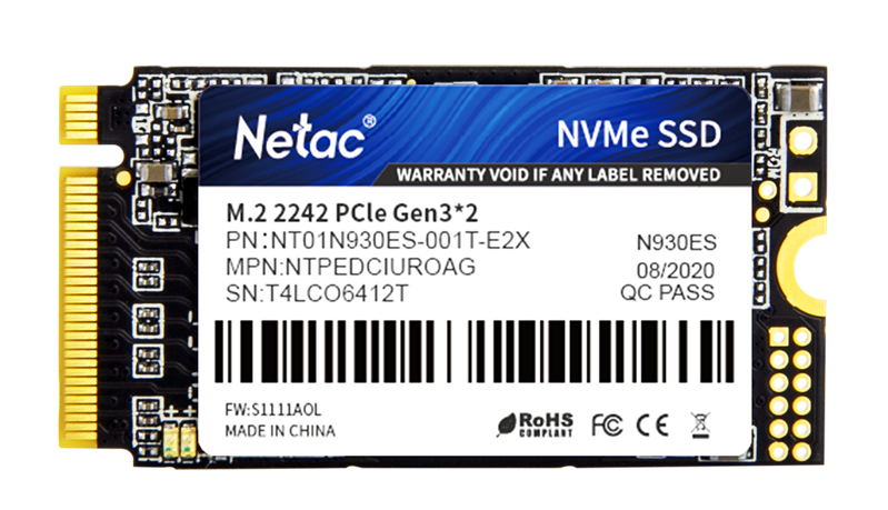 Ssd накопитель Netac SSD N930ES PCIe 3 x2 M.2 2242 NVMe 3D NAND 1TB, R/W up to 1650/1500MB/s, 3y wty (NT01N930ES-001T-E2X)