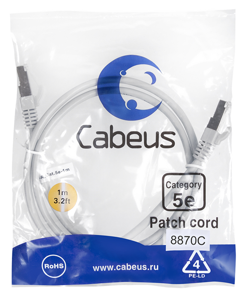 Cabeus PC-FTP-RJ45-Cat.5e-1m-LSZH Патч-корд F/UTP, категория 5е, 2xRJ45/8p8c, экранированный, серый, LSZH, 1м (PC-FTP-RJ45-Cat.5e-1m-LSZH)