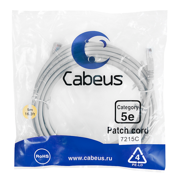 Cabeus PC-UTP-RJ45-Cat.5e-5m Патч-корд U/UTP, категория 5е, 2xRJ45/8p8c, неэкранированный, серый, PVC, 5м (PC-UTP-RJ45-Cat.5e-5m)