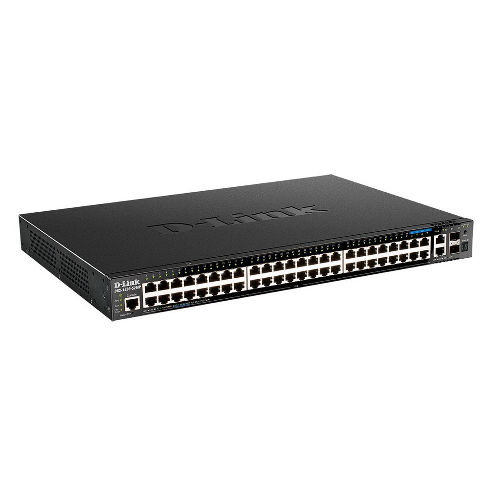 Коммутатор D-Link DGS-1520-52MP/A1A, PROJ Managed L3 Stackable Switch 44x1000Base-T PoE, 4x2.5GBase-T PoE, 2x10GBase-T, 2x10GBase-X SFP+, PoE Budget 370W (740W with DPS-700), CLI, RJ45 Console, RPS (DGS-1520-52MP/A1A)