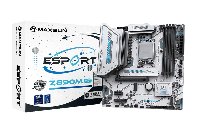 Материнская плата MAXSUN MS-eSport Z890M WIFI ICE, LGA1851, Z890, 4*DDR5, 4*SATA3, 3*M.2, USB 3.2, USB 2.0, Type-C, 1*PCIEx16, 1*PCIex4, 1*PCIex1, HDMI+DP, ATX