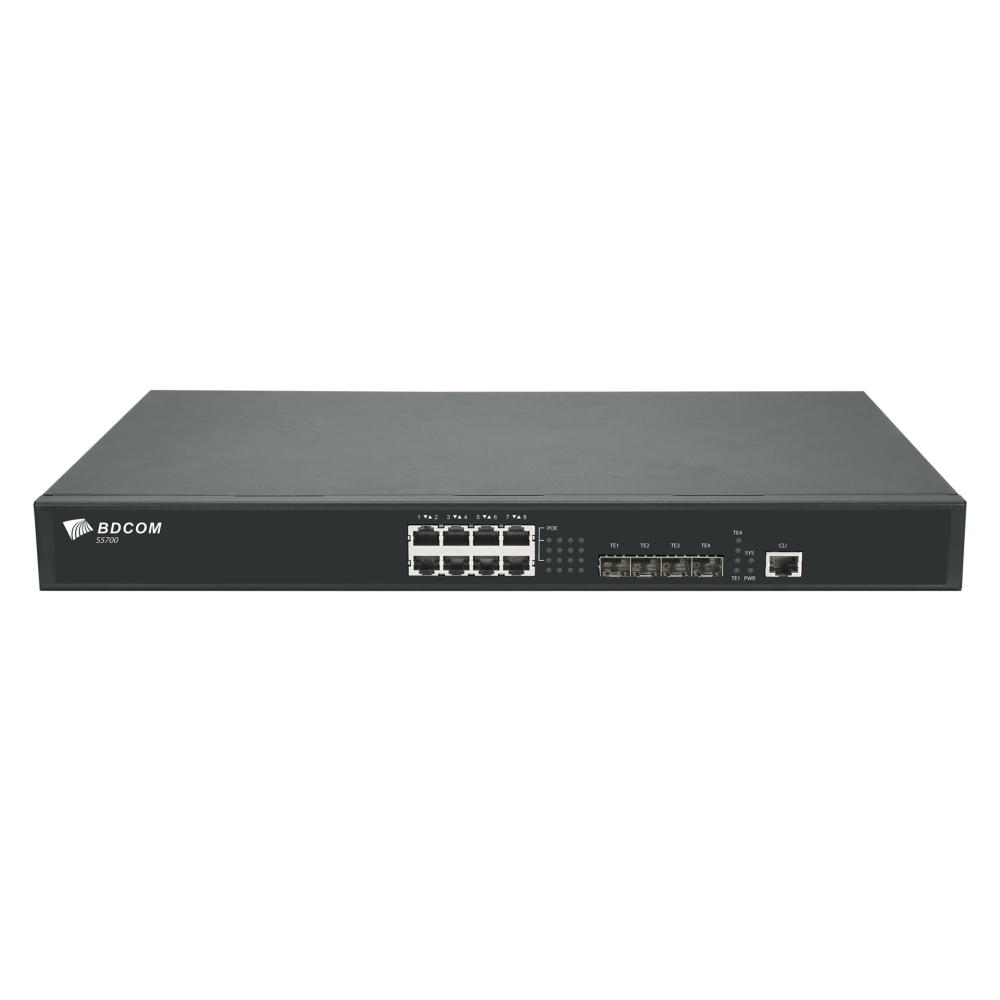 Управляемый коммутатор уровня 3 BDCOM S5700-8EP4X, 8x 2.5GBASE-Т PoE 802.3af/at/bt до 370W, 4x 1/10GE SFP+, ~220V AC