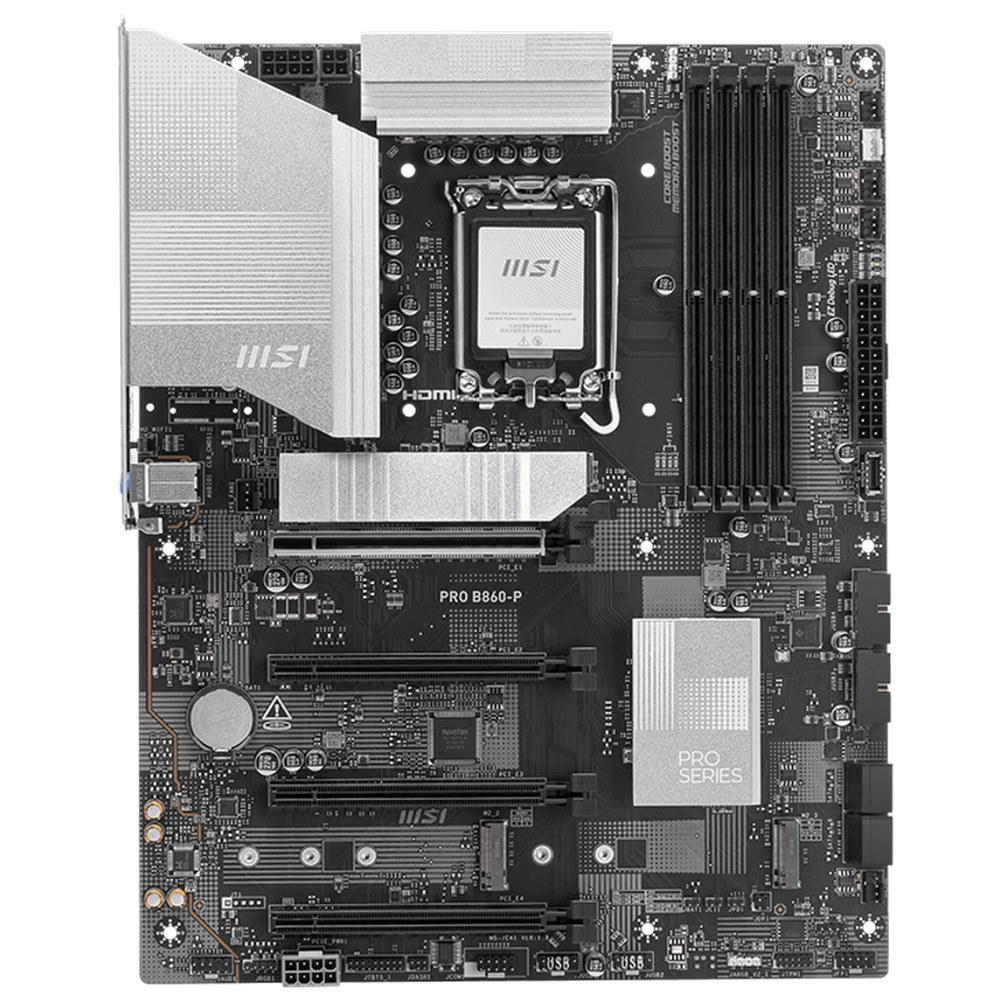 Материнская плата MSI PRO B860-P B860, LGA1851, 4*DDR5, 4*PCIEx16, 3*M.2, 1*TypeC, 2*USB3.2Gen2, 6*USB3.2Gen1, 8*USB2.0, 4*SATA3.0, 5G, Type-C DP, DP, HDMI, ATX, RTL