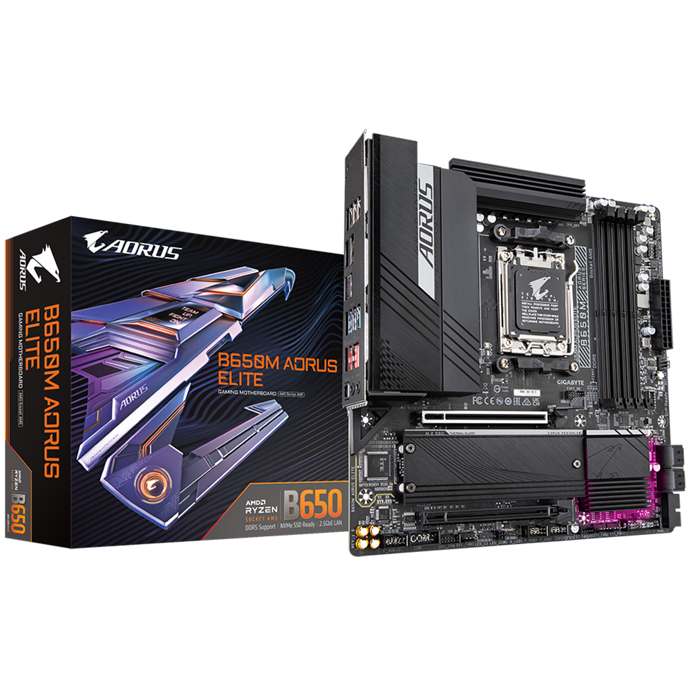 Материнская плата Gigabyte OEM B650M AORUS ELITE, Socket AM5, AMD B650, 4xDDR5-5200, HDMI+DP, 2xPCI-Ex16, 4xSATA3(RAID 0/1/10), 2xM.2, 8 Ch Audio, 2.5GLan, (4+4)xUSB2.0, (7+2)xUSB3.2, (1+1)xUSB3.2 Type-C™, mATX, RTL