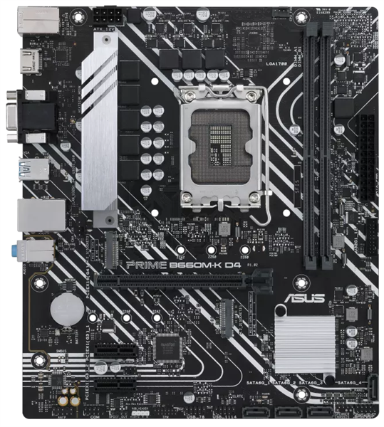 Материнская плата ASUS PRIME B660M-K D4, LGA1700, B660, 2*DDR4, D-Sub + HDMI, SATA3 + RAID, Audio, Gb LAN, USB 3.2*6, USB 2.0*6, COM*1 header (w/o cable), mATX; 90MB1950-M0EAY0 (PRIME B660M-K D4)
