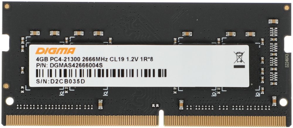 Память DDR4 4Gb 2666MHz Digma DGMAS42666004S RTL PC4-21300 CL19 SO-DIMM 260-pin 1.2В single rank