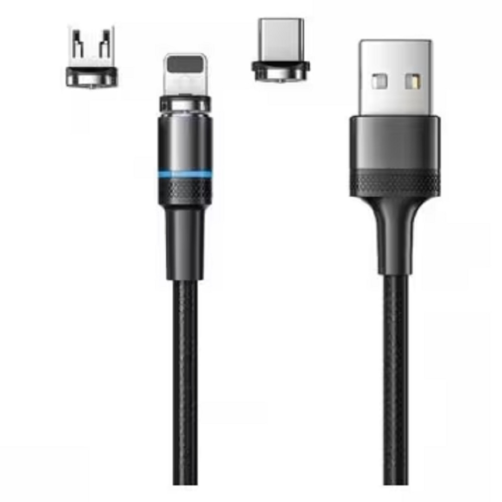 Rexant (18-7076) Кабель USB 3в1 Type-С (2A), Lightning (2,4A), Micro USB (2A), 1,2м, в черной оплетке, с LED подсветкой