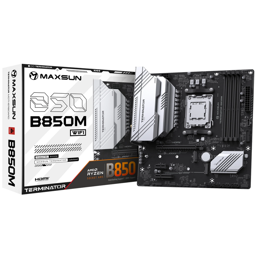 Материнская плата Maxsun MS-Terminator B850M WIFI B850, AM5, 4*DDR5, 1*PCIEx16, 1*PCIEx4, 1*PCIEx1, 2*M.2, 2*TypeC, 6*USB3.2Gen1, 6*USB2.0, 4*SATA3.0, 2.5G, DP, HDMI, M-ATX, RTL