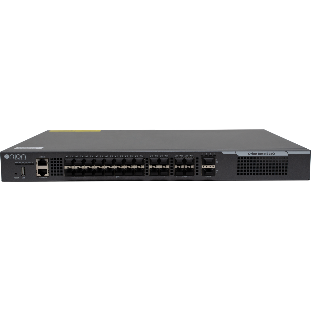 Управляемый коммутатор уровня 3 Orion Beta B26Q, 20x 1/10GE SFP+, 4x 10/25GE SFP28, 2x 40GE QSFP+, 2 слота для Hot Swap БП 100-240VAC B26Q-PSU-AC