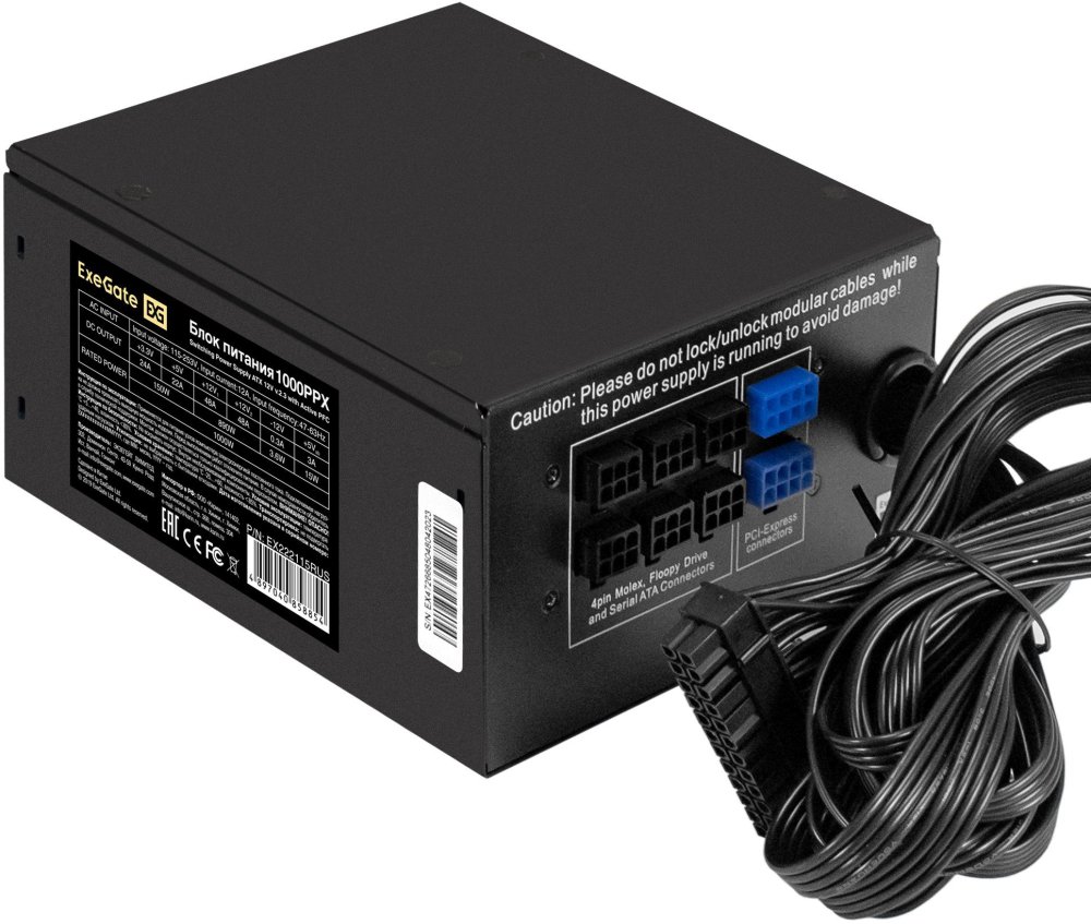 Блок питания EXEGATE EX222115RUS Блок питания 1000W Exegate 1000PPX RTL, ATX, black, active PFC, 14cm, 24p+2*(4+4)p,PCI-E,5SATA,,4IDE