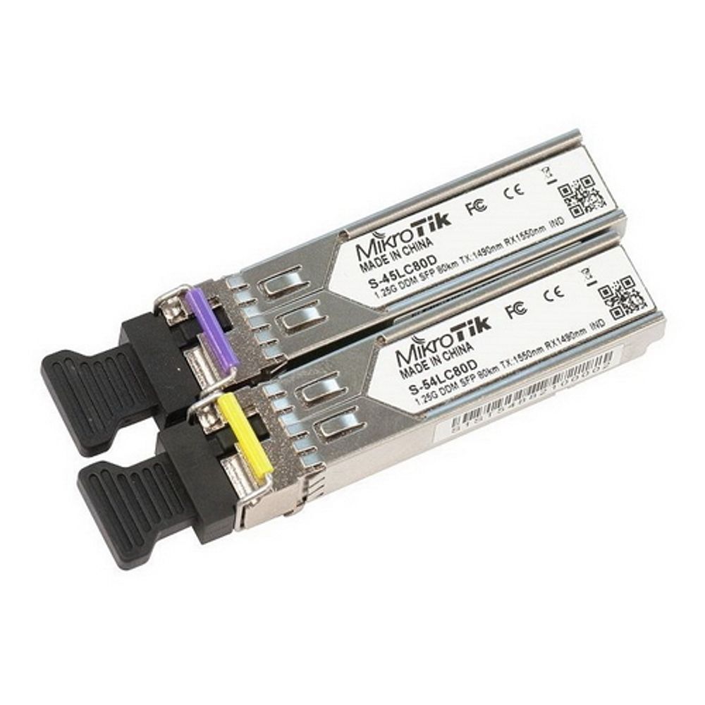 Модуль MikroTik Pair of SFP modules, S-45LC80D (1.25G SM 80km T1490nm/R1550nm, Single LC-connector) + S-54LC80D (1.25G SM 80km T1550nm/R1490nm, Single LC-connector) (S-4554LC80D)