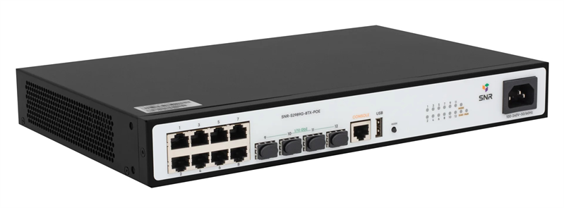 Коммутатор Управляемый PoE коммутатор уровня 2, 8 портов 10/100/1000Base-T с поддержкой PoE, 4 порта 1/10G SFP+, POE 125 Ватт (SNR-S2989G-8TX-POE)