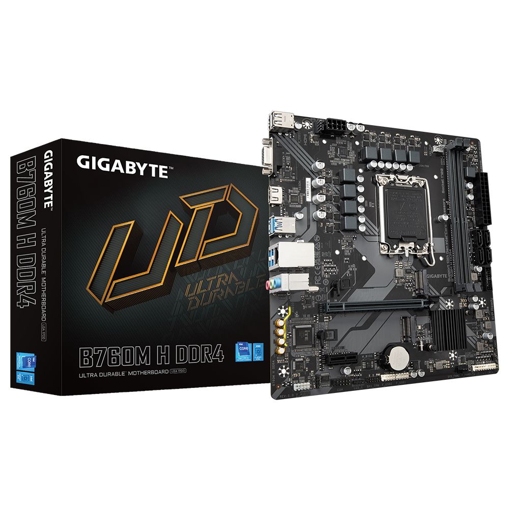 Материнская плата GIGABYTE B760M H DDR4, LGA1700, B760, 2*DDR4, D-Sub+HDMI, 4 SATA 6 Гб/с, M2, Audio, Gb LAN, USB 3.2, USB 2.0, Type-C, COM*1 port, mATX (B760M H DDR4)