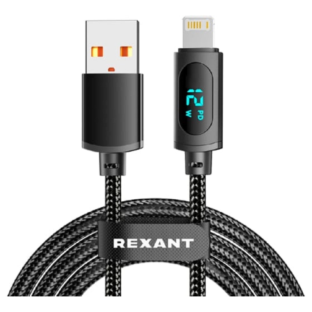 Rexant (18-7062) Кабель USB-A – Lightning для Apple, 2,4А, 1м, в черной нейлоновой оплетке, c LED дисплеем