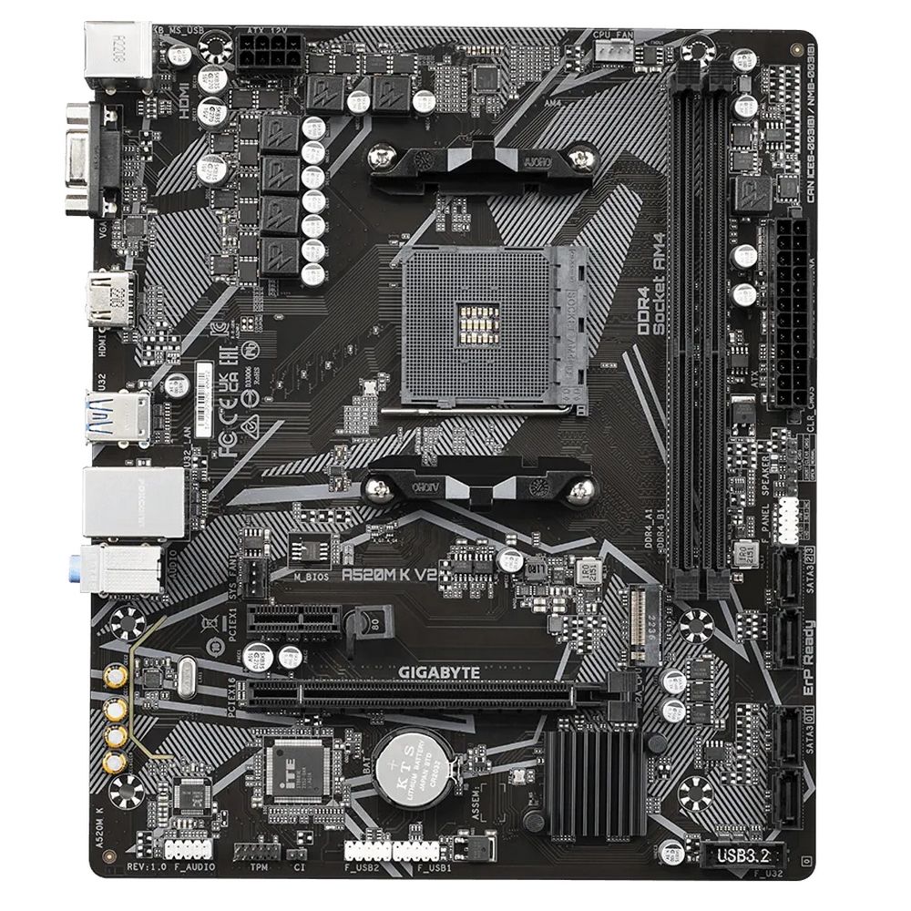 Материнская плата GIGABYTE A520M K V2, AM4, A520, 2*DDR4, D-SUB+HDMI, 4 SATA 6 Гб/с, M2, Audio, Gb LAN, USB 3.2, USB 2.0, mATX (A520M K V2)