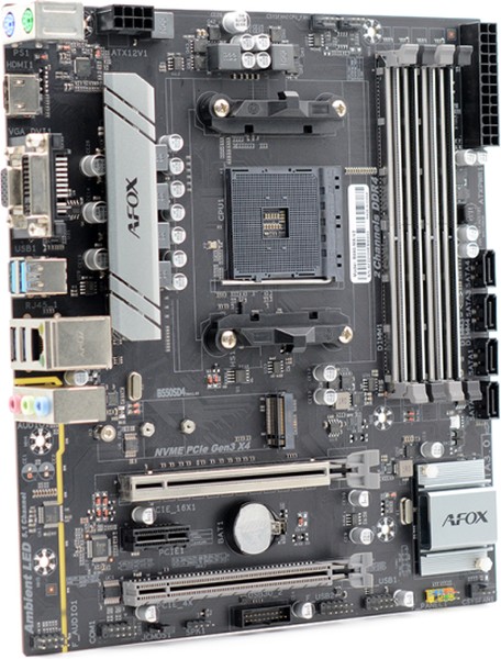 Материнская плата AFOX AMD B550 AM4,2xDDR4(64GB), 1xPCIe 3.0x16, 1xPCIe x1, 1xHDMI, 1xD-Sub, 1xLAN(1GbE), 4xSATA, 1xM.2, 4xUSB 3.0, 2xUSB 2.0, 2xPS/2, mATX
