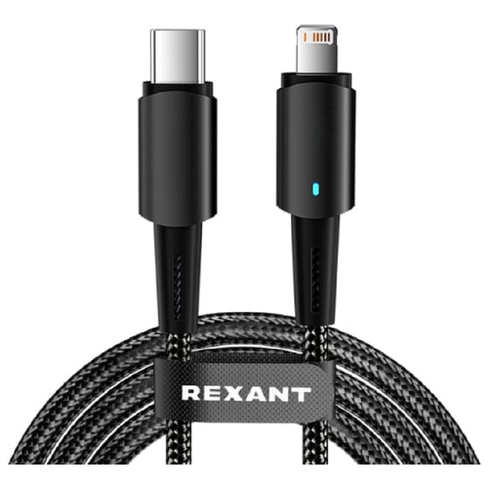 Rexant (18-7069) Кабель Type-C – Lightning для Apple, 3А, 1м, в черной нейлоновой оплетке, со световой индикацией