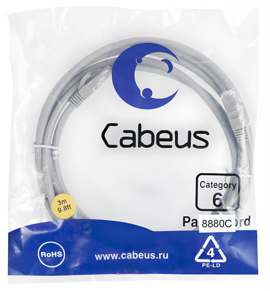 Патч-корд u/utp, категория 6, 2xrj45/8p8c, 3м Cabeus PC-UTP-RJ45-Cat.6-3m-LSZH Патч-корд U/UTP, категория 6, 2xRJ45/8p8c, неэкранированный, серый, LSZH, 3м (PC-UTP-RJ45-CAT.6-3M-LSZH)