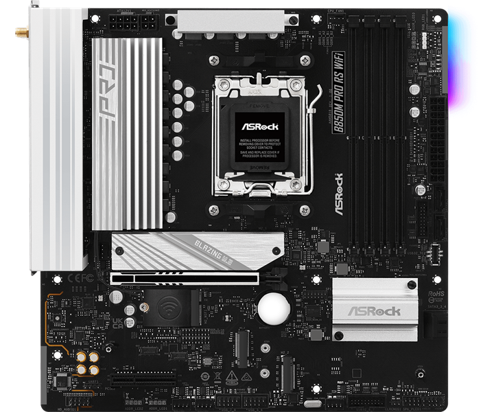 Материнская плата ASROCK B850M PRO RS WIFI, AM5, B850, 4*DDR5, 4*SATA, 3*M.2, 4*USB 2.0, 3*USB 3.2, Type-C, 2*PCIx16, 1*M.2 (Key E), HDMI+DP, mATX