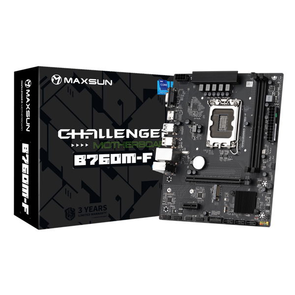 Материнская плата MAXSUN MS-Challenger B760M-F, LGA1700, B760, 2*DDR4, 3*SATA3, M.2, 2*USB 3.2, 4*USB 2.0, 1*PCIEx16, 1*PCIEx1, VGA+HDMI, mATX (MS-Challenger B760M-F)