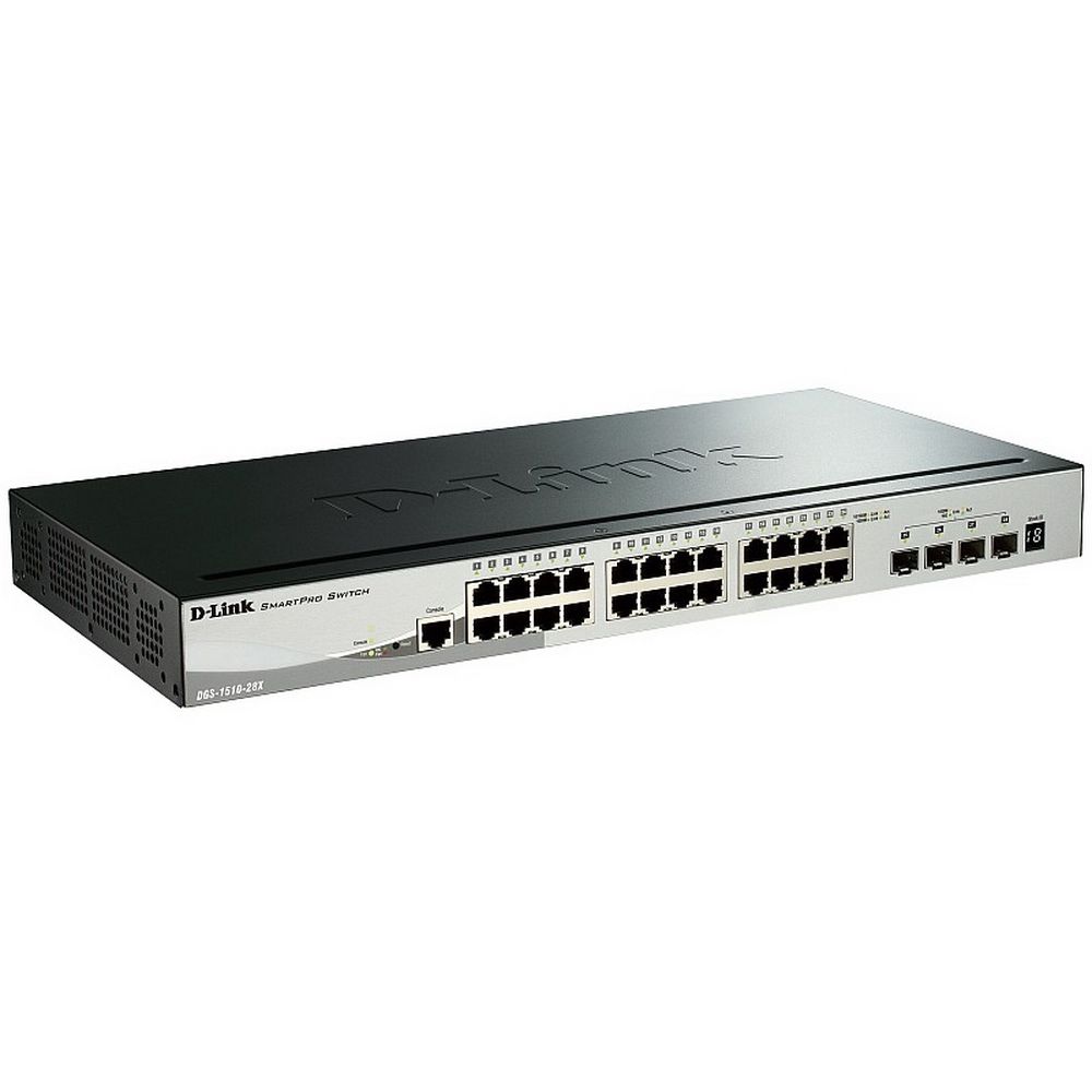 Коммутатор D-Link DGS-1510-28X/A1A, PROJ L2+ Smart Switch with 24 10/100/1000Base-T ports and 4 10GBase-X SFP+ ports.16K Mac address, 802.3x Flow Control, 802.3ad Link Aggregation, 802.1Q VLAN, Traffic Segmenta (DGS-1510-28X/A1A)