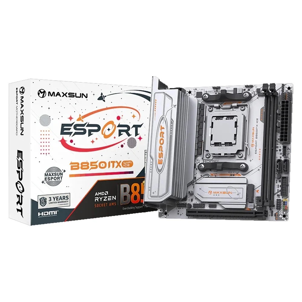 MAXSUN MS-eSport B850ITX WIFI ICE (Socket AM5, mini-ITX, 2*DDR5(96Gb), DP/HDMI, 2*SATA3, 2*M.2, 1*PCIEx16, 4*USB2.0, 2*USB 3.0, 1*Type-C, LAN 1*2,5G, Bluetooth, Wi-Fi 802.11ax, RTL)