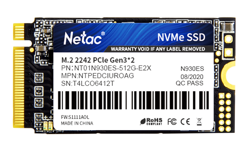 Ssd накопитель Netac SSD N930ES PCIe 3 x2 M.2 2242 NVMe 3D NAND 512GB, R/W up to 1650/1500MB/s, 3y wty (NT01N930ES-512G-E2X)