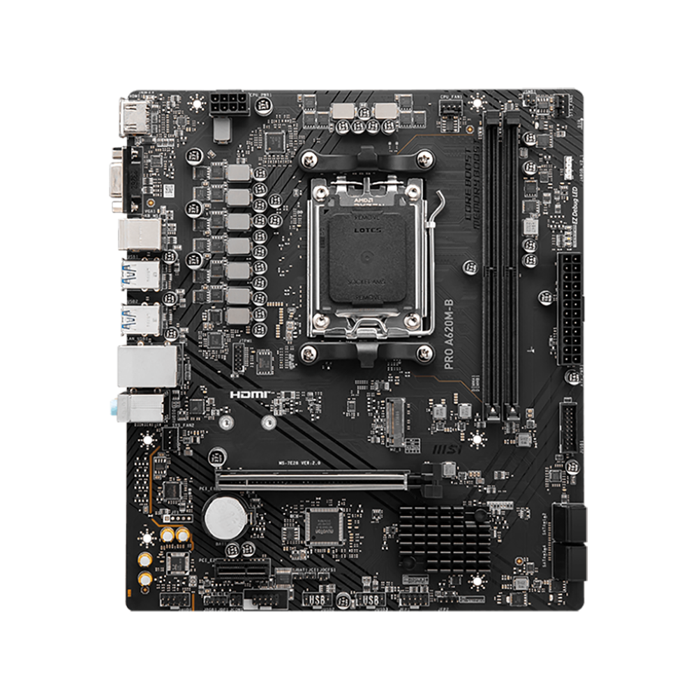 Материнская плата MSI PRO A620M-B A620, AM5, 2*DDR5, 1*PCIEx16, 1*PCIEx1, 1*M.2, 6*USB3.2Gen1, 6*USB2.0, 4*SATA3.0, 2.5G, VGA, HDMI, M-ATX, RTL