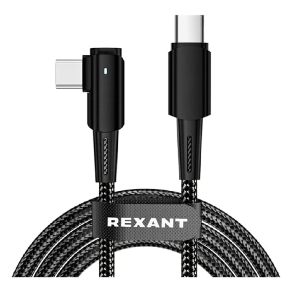 Rexant (18-7070) Кабель Type-C – Type-C, 5А, 100Вт, 1м, в черной нейлоновой оплетке, с угловым штекером и световой индикацией