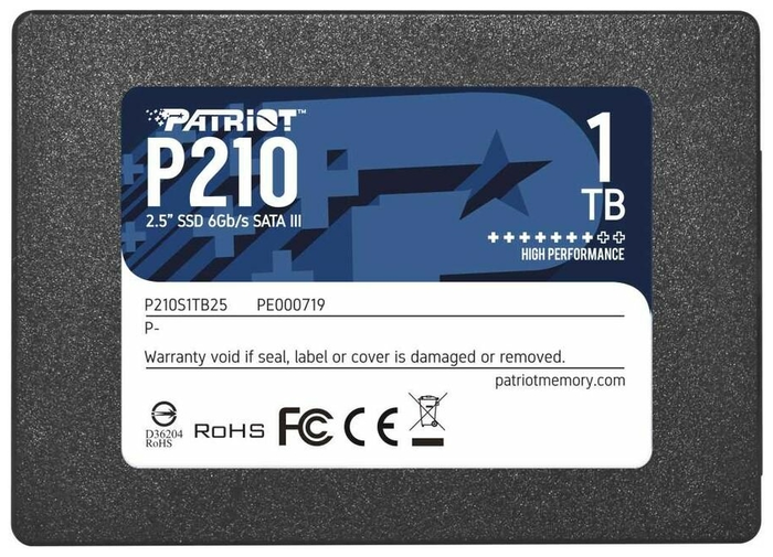 Твердотельный накопитель Patriot P210 1TB SATA3 2,5" , 520/430, 1TB, 3D (P210S1TB25)