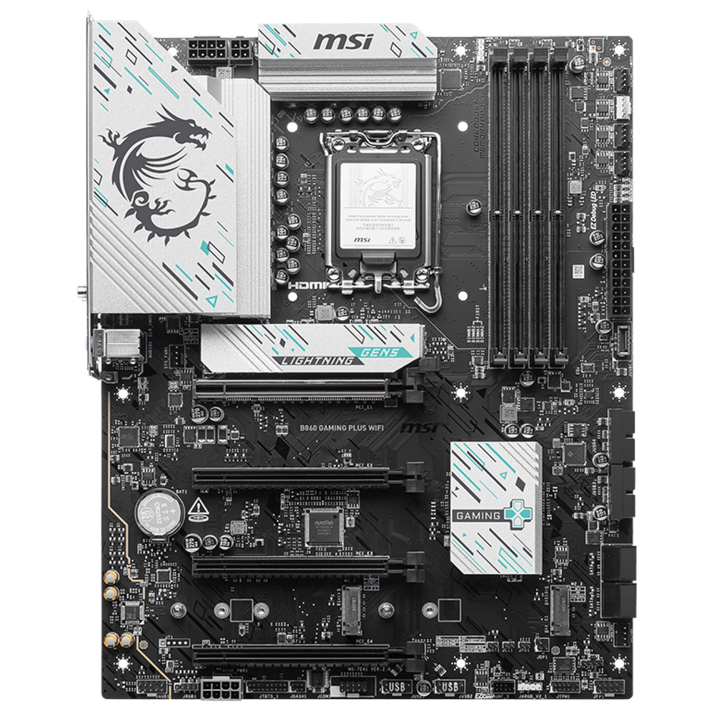 Материнская плата MSI B860 GAMING PLUS WIFI B860, LGA1851, 4*DDR5, 4*PCIEx16, 3*M.2, 1*TypeC, 2*USB3.2Gen2, 6*USB3.2Gen1, 8*USB2.0, 4*SATA3.0, 5G, Type-C DP, DP, HDMI, ATX, RTL