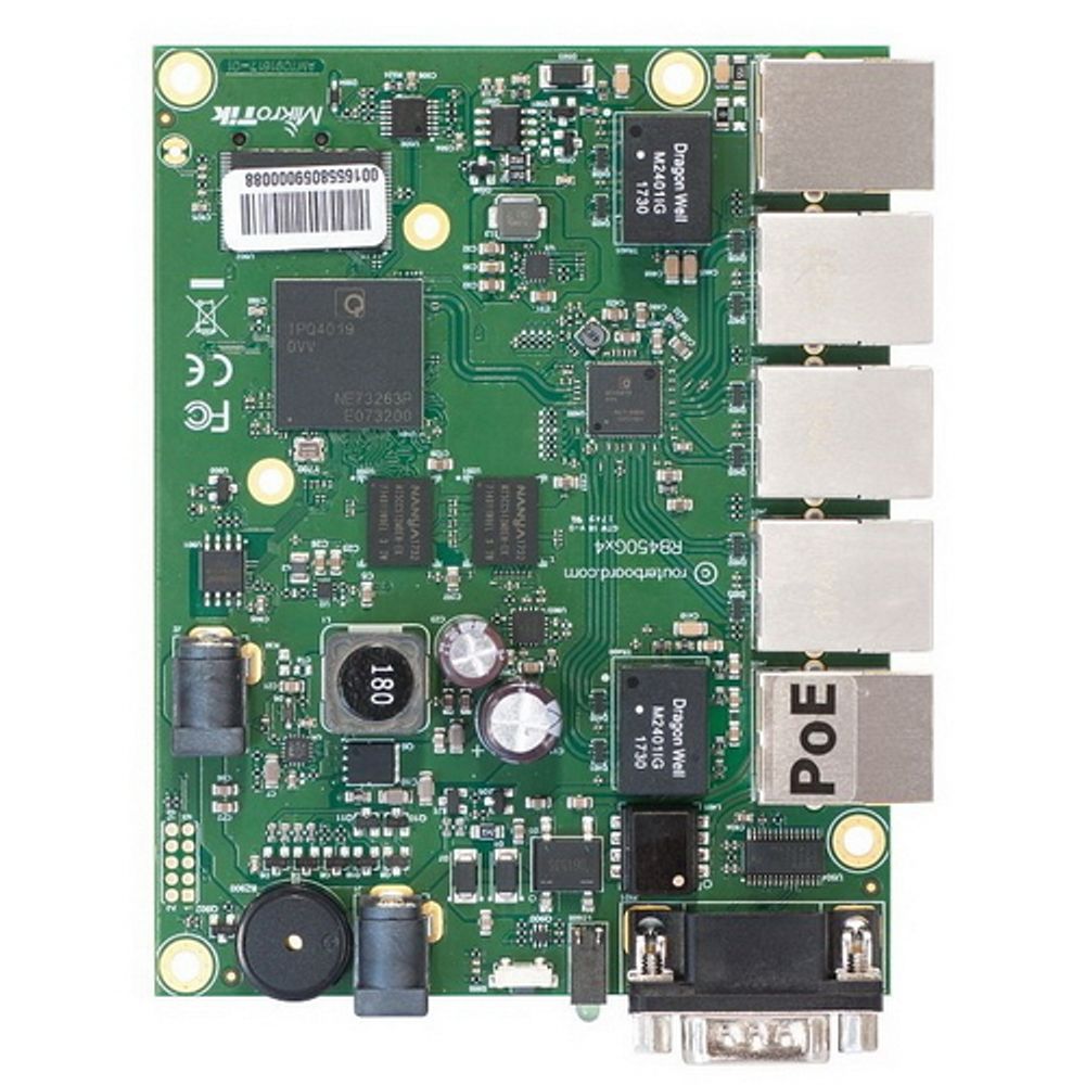 Маршрутизатор MikroTik RouterBOARD 450Gx4 with four core 716MHz Atheros CPU, 1 GB RAM, 5 Gigabit LAN ports, PoE OUT on port #5, RouterOS L5 (RB450Gx4)