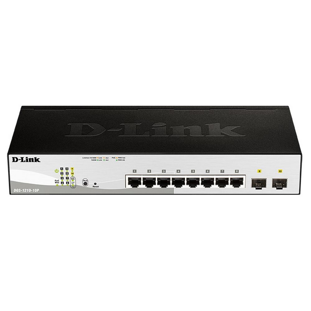 Коммутатор D-Link DGS-1210-10P/F3A, L2 Smart Switch with 8 10/100/1000Base-T ports and 2 1000Base-X SFP ports (8 PoE ports 802.3af/802.3at (30 W), PoE Budget 78 W).16K Mac address, 802.3x Flow Control, 4K of 8 (DGS-1210-10P/F3A)