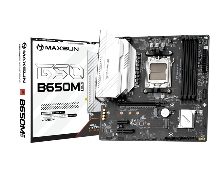 Материнская плата MAXSUN MS-Terminator B650M WIFI6, AM5, B650, 4*DDR5, 4*SATA 3.0, 2*M.2, USB 3.2, USB 2.0, Type-C, 1*PCIE 16, 1*PCIE 4, 1*PCIE 1, HDMI+DP, mATX
