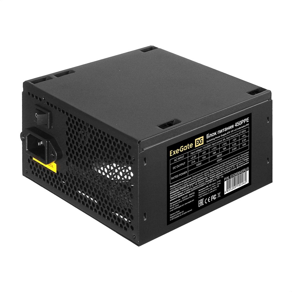 Exegate EX260640RUS-PC Блок питания 450W Exegate 450PPE, ATX, black, APFC, 12cm, 24p+(4+4)p, PCI-E, 3*IDE, 5*SATA, FDD