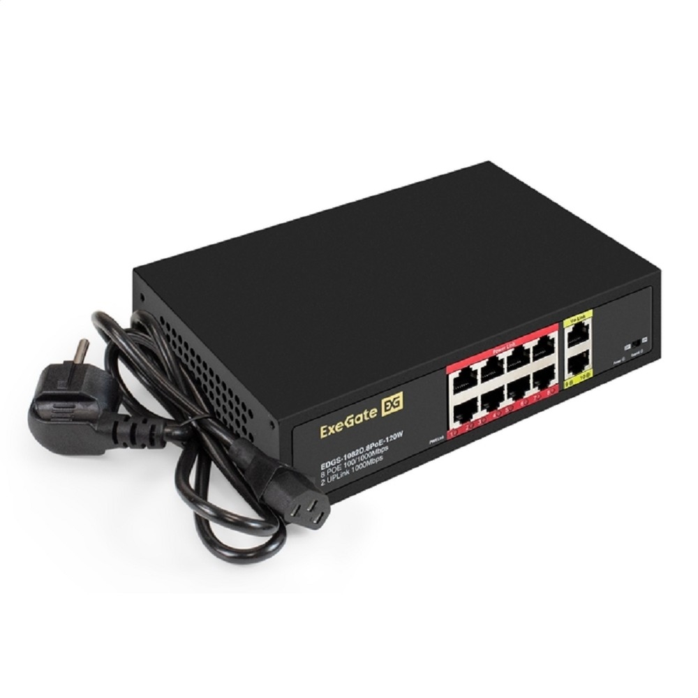 Exegate EX299028RUS Коммутатор неуправляемый ExeGate EDGS-1082D.8PoE-120 21,79W (10-портовый: 8 портов UTP 10/100 Base-Tx с поддержкой IEEE 802.3af (PoE), мощность PoE: 15,4W, суммарно 120W, 2 порта