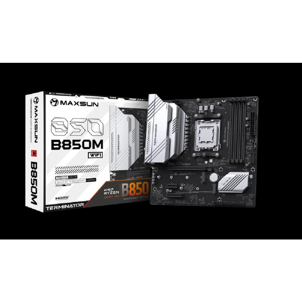 MAXSUN MS-Terminator B850M WIFI (Socket AM5, mATX, 4*DDR5(192Gb), DP/HDMI, 4*SATA3, 2*M.2, 1*PCIEx16/1*PCIEx4/1*PCIEx1, 4*USB2.0, 4*USB 3.0, 1*Type-C, LAN 1*2,5G, Bluetooth, Wi-Fi 802.11ax, RTL)