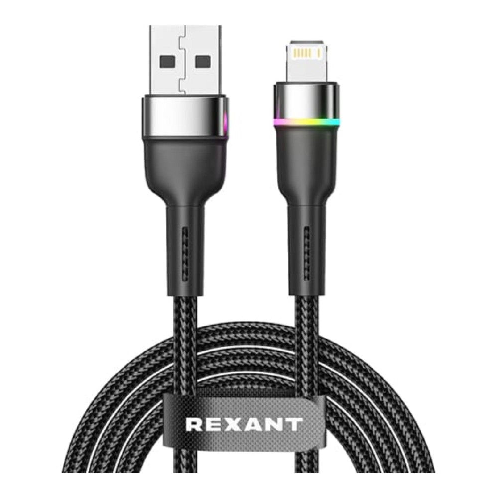 Rexant (18-7059) Кабель USB-A – Lightning для Apple, 2,4А, 1м, в черной нейлоновой оплетке, с LED подсветкой