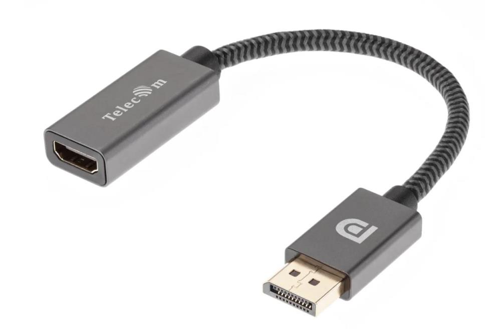 Telecom <TA560> Кабель-переходник DP --> HDMI-F 0.2m , серый металлик, оплетка, 4K@60Hz [7958820049156]