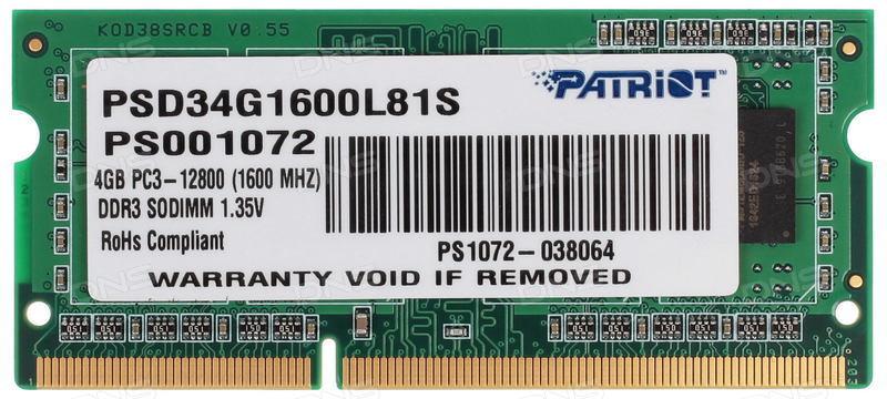 Модуль памяти для ноутбука SODIMM 4GB PC12800 DDR3L PSD34G1600L81S PATRIOT