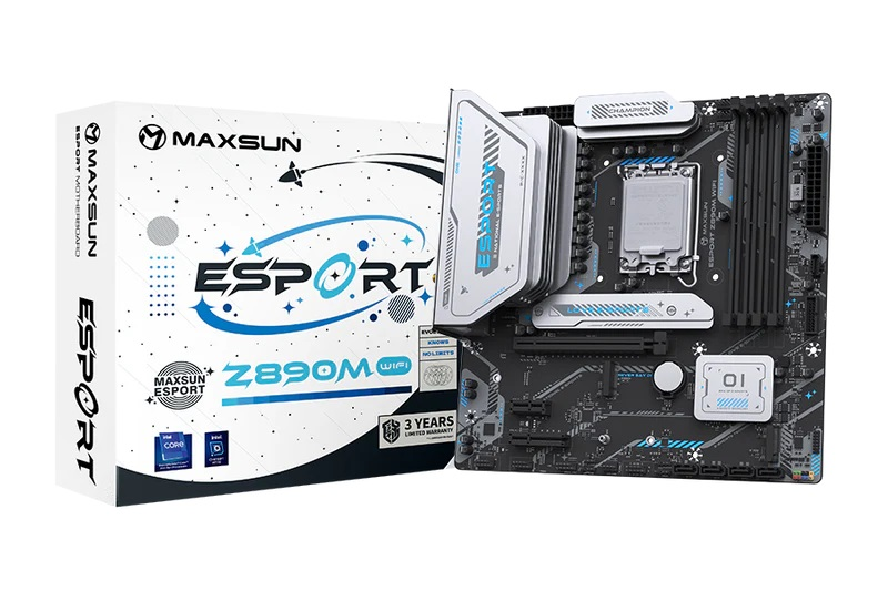 Материнская плата MAXSUN MS-eSport Z890M WIFI, LGA1851, Z890, 4*DDR5, 4*SATA3, 3*M.2, USB 3.2, USB 2.0, Type-C, 1*PCIEx16, 1*PCIex4, 1*PCIex1, HDMI+DP, ATX