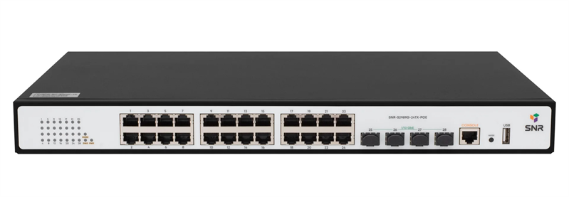 Коммутатор Управляемый PoE коммутатор уровня 2, 24 порта 10/100/1000Base-T с поддержкой PoE, 4 порта 1/10G SFP+, PoE 370 Ватт (SNR-S2989G-24TX-POE)