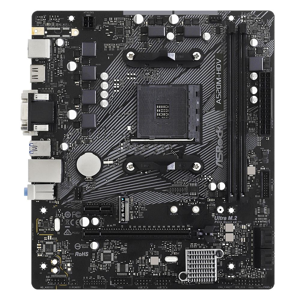 Материнская плата Asrock A520M-HDV Soc-AM4 AMD A520 2xDDR4 mATX AC`97 8ch(7.1) GbLAN RAID+VGA+DVI+HDMI
